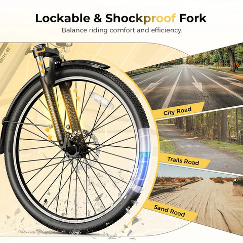 Cityscape 2.0 Electric Commuter Bike For Adults With 468Wh Removable Battery 26 Inch Wheels Up To 50 Miles 7 Speed Gearing Front Suspension UL Certified For City Cruisin front wheel detail with lockable shockproof fork, illustrating performance on city, trails, and sand roads.