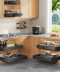 Four Piece Heavy Duty Pull Out Cabinet Organizers, 21 Inch Deep Roll Out Shelves with Raising Pads in a modern kitchen setting.