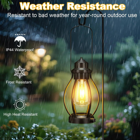 Two Pack Rechargeable Camping Lanterns Battery Operated Hanging Lights For Indoor Outdoor Use USB C Charge With 6 Hour Timer Dimmable Edison Bulb Waterproof Design Ideal For Table Patio Garden Yard Porch Decor Gift, showcasing weather resistance with Edison bulb illuminating in rain.