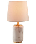 Mid Century Modern Marble And Brass Table Lamp With LED Bulb White Fabric Shade 14 Inch Tall End Table Decor Light
