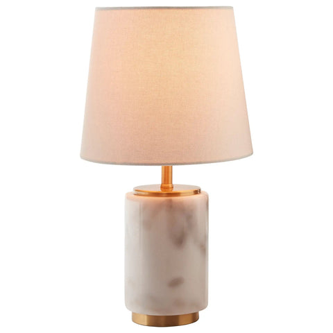 Mid Century Modern Marble And Brass Table Lamp With LED Bulb White Fabric Shade 14 Inch Tall End Table Decor Light