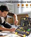 Man using 209 Piece Home And Auto Repair Tool Kit With Wrench Set And Essential Hand Tools for DIYers in a portable toolbox
