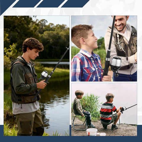 Kids learning to fish with a Kid Friendly Fishing Pole Set For Beginners Telescopic Rod And Spincast Reel Combo near a lake.