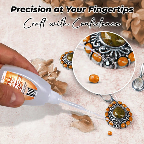 One Component Cyanoacrylate Silicone Glue 20g with a precise nozzle applying glue to delicate jewelry surface.