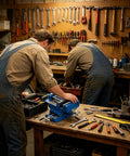 Built Like A Tank XY Axis Cross Slide Vise Heavy Duty Drill Press Bench Clamp on workbench with tools and workers.