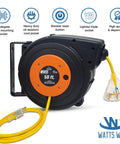 50 Ft Retractable Extension Cord Reel With Beefy Heavy Duty Cable And Multi Outlet Lighted Receptacle Rugged Outdoor Design