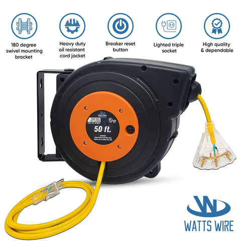 50 Ft Retractable Extension Cord Reel With Beefy Heavy Duty Cable And Multi Outlet Lighted Receptacle Rugged Outdoor Design