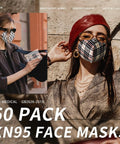 Stylish woman wearing multi-color pattern mask from KN95 Face Masks 60 Pack Individually Wrapped, 5 Layer Filtration For Adults Men Women