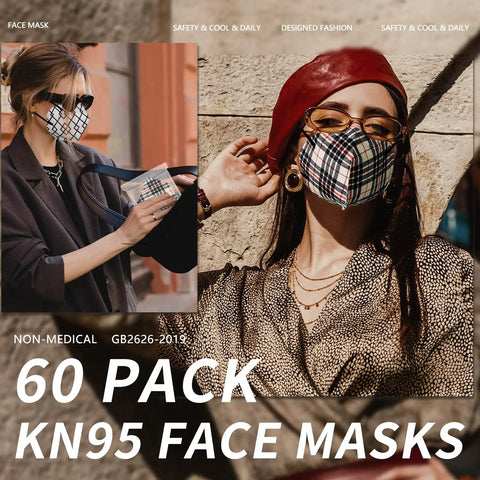 Stylish woman wearing multi-color pattern mask from KN95 Face Masks 60 Pack Individually Wrapped, 5 Layer Filtration For Adults Men Women
