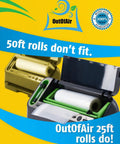 Heavy Duty Vacuum Sealer Rolls 11x25 Inches in machine, open lid, OutOfAir logo, 50ft rolls text, BPA free, universal fit