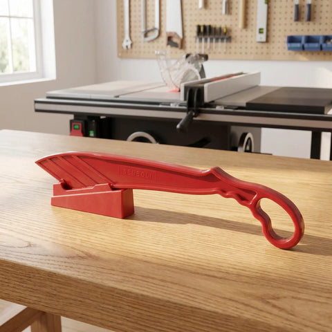 Rock Solid Table Saw Push Stick With Riving Knife Splitter 16.5 Inches Long on wooden table in workshop setting.