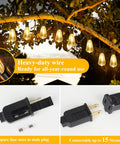 100Ft Outdoor String Lights With 52 Shatterproof Edison Bulbs, 2700K Dimmable Warm White, showing plug details and heavy-duty wire