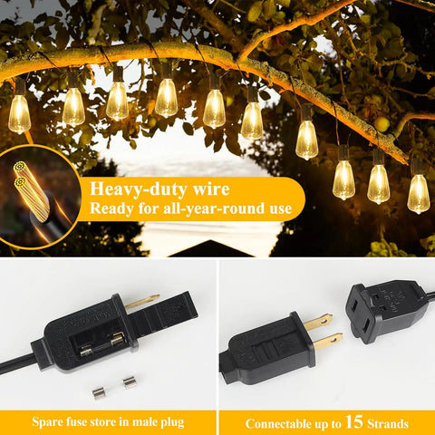 100Ft Outdoor String Lights With 52 Shatterproof Edison Bulbs, 2700K Dimmable Warm White, showing plug details and heavy-duty wire