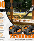 Cordless Leaf Blower 765 CFM With 2x7.8Ah Batteries And Rapid Charger, 3 Speed Plus Turbo Mode shown with batteries