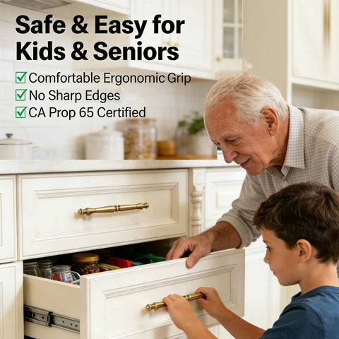 Man and child using 10 Pack 5 Inch Champagne Bronze Cabinet Handles And Drawer Pulls In Brushed Champagne Gold for kitchen cabinets