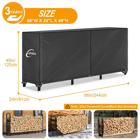8-Foot Waterproof Firewood Rack Cover For Outdoor Wood Storage, Heavy-Duty 600D Canvas with dimensions and rainproof details