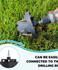 3.5 Inch Sprinkler Head Grass Cutter Trimmer for Lawn Care, shown drilling into grass with power drill attachment