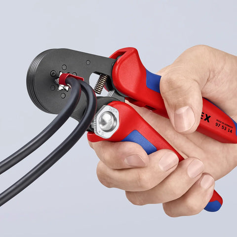 Self-Adjusting Crimping Pliers For End Sleeves And Ferrules, DIN 46228 Compliant, 10 mm2 Capacity, AWG 28-5 in use on wires