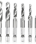 Six Piece Combo Tap And Drill Bit Set With Dual Twist Flute And 118 Degree Split Point High Speed Steel 1/4 Inch Hex Shank Ranging From BSW 1/8 To 3/8 Inch