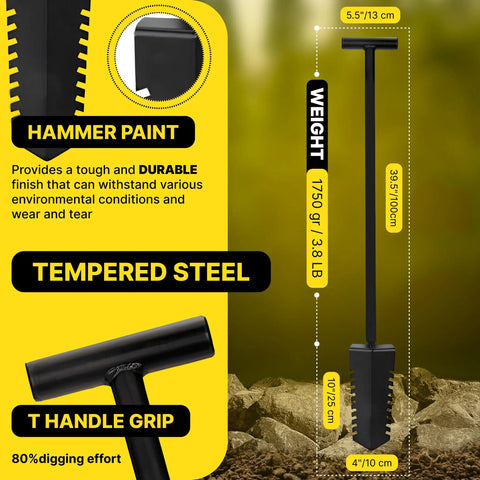 Heavy Duty Metal Detecting Shovel Tool With Double Serrated Edge Digger with measurements and features highlighted.