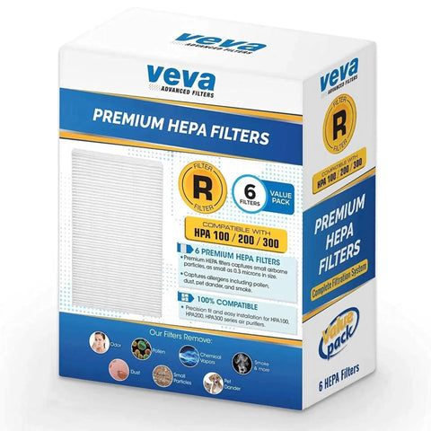 Front view of the box for Six Pack HEPA Filter Replacement For Honeywell HPA Series Air Purifiers with product details.