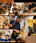 Heavy Hitter 2 In 1 Cordless Nail Gun And Electric Stapler Straight Shooter 18 Gauge Brad Nailer used in woodworking and DIY tasks.