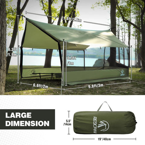 Bug Proof Camping Screen Tent With Mosquito Netting, Spacious 11.8 By 6.6 By 6.2 Ft Interior, Fits 4 To 6 People, Includes 6 Windropes And 12 Stakes shown in forest.