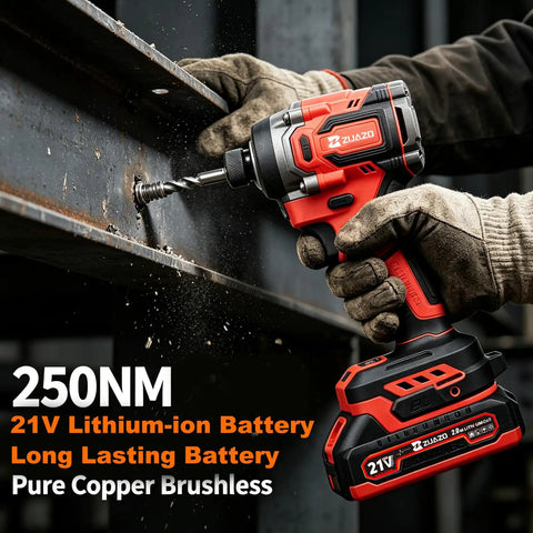 Top Shelf 21V Brushless Cordless Drill And Impact Driver Combo drilling into metal, showcasing dual 21V lithium-ion battery.