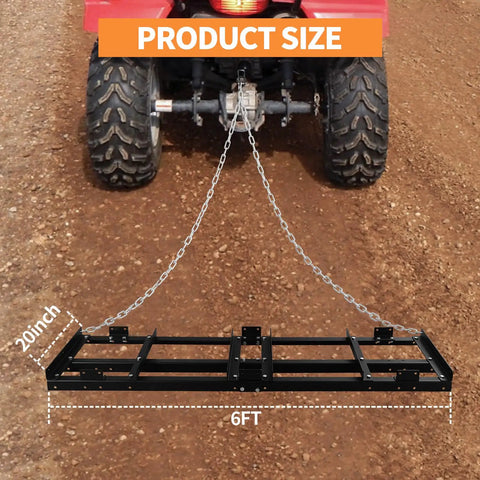 6 ft tow behind gravel drag harrow driveway grader attached to an ATV, showcasing size and black powder-coated steel design