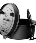 Pre Seasoned Cast Iron Camping Dutch Oven 6 Quart With Lid And Tripod Stand For Outdoor Cooking Great For Slow Braise Stews And Beefy Hearty Family Dinners showing lid and hook