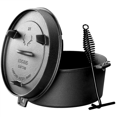 Pre Seasoned Cast Iron Camping Dutch Oven 6 Quart With Lid And Tripod Stand For Outdoor Cooking Great For Slow Braise Stews And Beefy Hearty Family Dinners showing lid and hook
