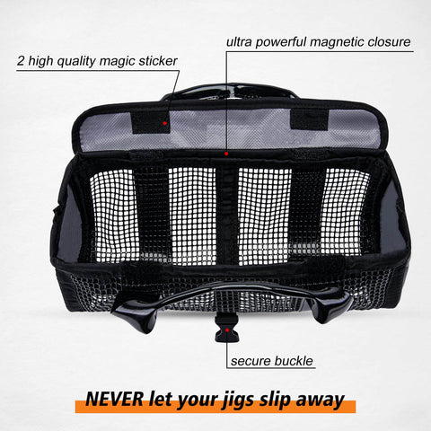 Open view of Fishing Jig Bag Portable Lure Storage Tackle Gear For Saltwater And Freshwater Jigs Holds Lead Vertical Jigs Safely