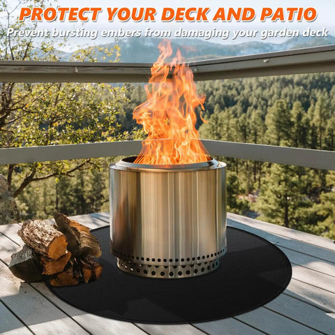 39 Inch Round Fire Pit Mat For Bonfire And Grill Protection under a stainless steel stove on a wooden deck