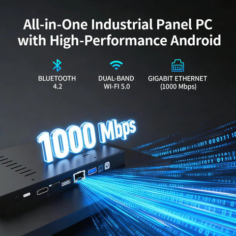 15.6 Inch All In One Industrial Panel PC With Android 12 Fanless RK3399 showing 1000 Mbps Ethernet connectivity