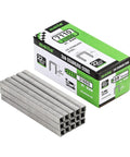 Heavy Duty 316 Stainless Steel Upholstery Staples, 22 Gauge 71 Series Tacker Nails With Three Eighth Inch Crown And Leg For Fine Wire Stapler Guns, 10000 Pack in box with staples stacked beside.