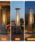 Three pyramid heaters with Replacement Glass Tube For Four Sided Pyramid Patio Heater, 49.5 Inches Tall, in different outdoor settings.