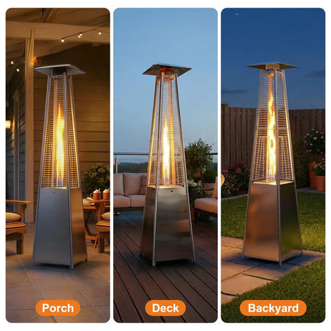 Three pyramid heaters with Replacement Glass Tube For Four Sided Pyramid Patio Heater, 49.5 Inches Tall, in different outdoor settings.