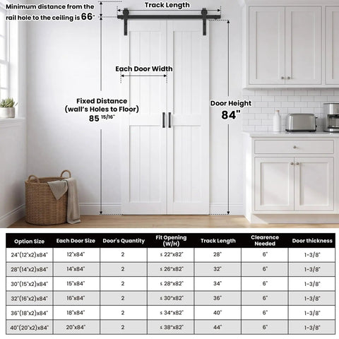 30 By 84 Inch White Bifold Barn Doors With Slick Hardware Kit For Smooth Interior Closet Glides No Sweat Install in a cozy kitchen setting.