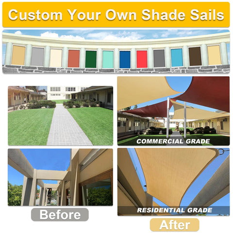 Custom color options and installation examples of Curved 20 Ft By 26 Ft Sand Sun Shade Sail Outdoor Shade Cover 95 Percent UV Block Canopy