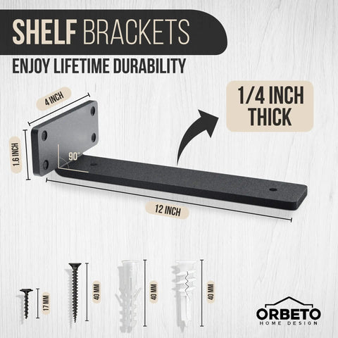 Heavy Duty Floating Shelf Brackets 6 Inch Pack Of 6 With One Quarter Inch Thick Metal Black Powder Coated Finish