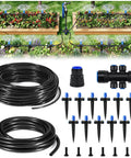 50 Feet Quick Connect Garden Watering System With Adjustable Vortex Drippers showing tubing, connectors, and drippers for gardens.