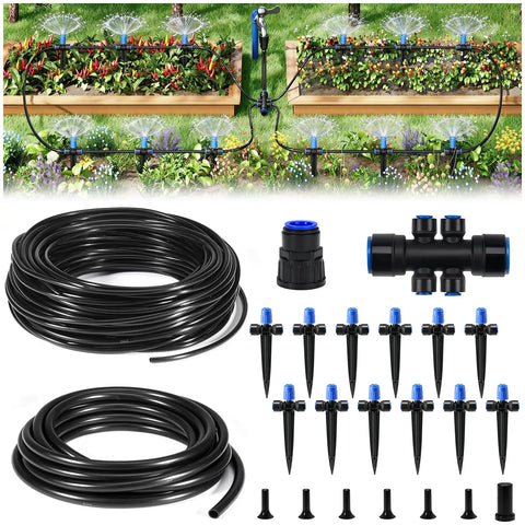50 Feet Quick Connect Garden Watering System With Adjustable Vortex Drippers showing tubing, connectors, and drippers for gardens.