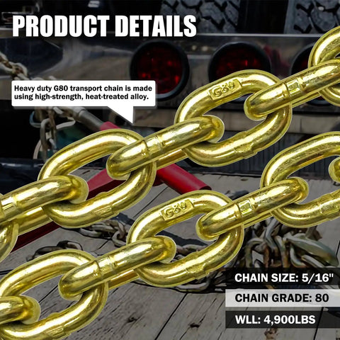 Detailed view of G80 Transport Chain 5 By 16 Inch By 20 Feet With Clevis Grab Hooks, showing zinc yellow finish on thick links.