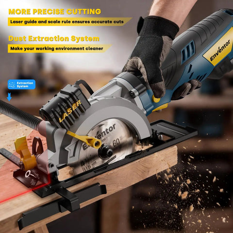 Person using Beast Mini Circular Saw With 5.8 Amp Motor, laser guide activated, cutting wood with dust collection in use