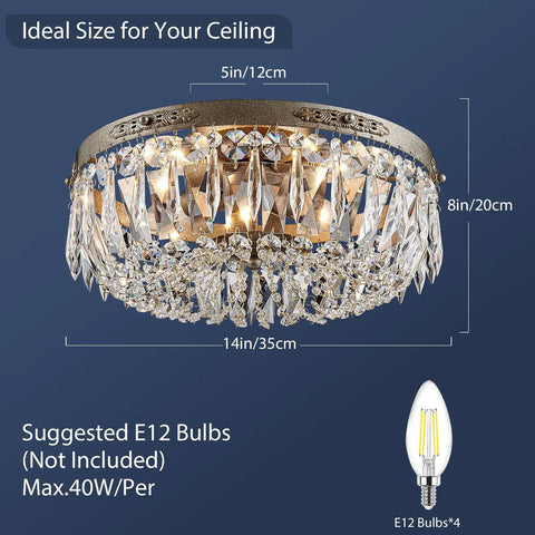 Antique Silver French Empire Crystal Semi Flush Mount Chandelier LED Ceiling Light Fixture, 14in diameter, 8in height