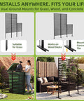 Metal Outdoor Privacy Screen 46.4 Inch High By 47.3 Inch Wide 10-Panel Freestanding Fence with stakes shown in various installations