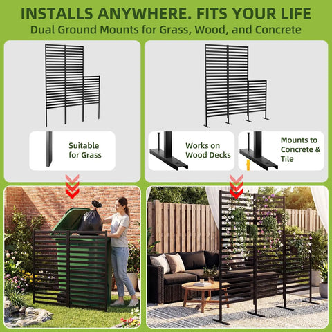 Metal Outdoor Privacy Screen 46.4 Inch High By 47.3 Inch Wide 10-Panel Freestanding Fence with stakes shown in various installations