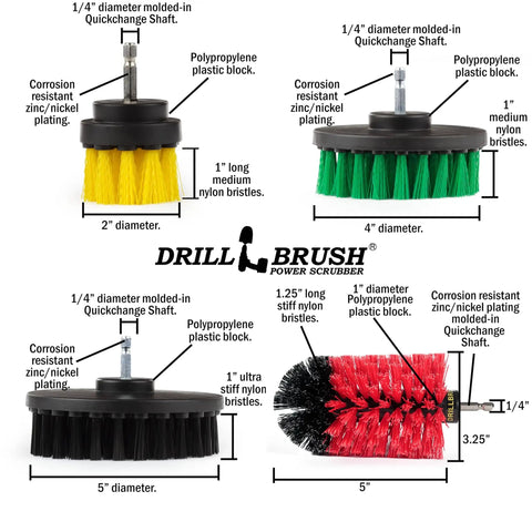 Multi Surface Drill Brush Attachments Set For Car Interior And Beyond, Dishwasher Safe Car Detailing Kit, Tough Scrub Tools Set of four various size and color drill brush attachments with nylon bristles for multipurpose use.