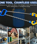Heavy Duty One Ton Drum Lifter Clamp With G80 Chains for Steel And Plastic Barrels over a blue drum in a workshop setting.