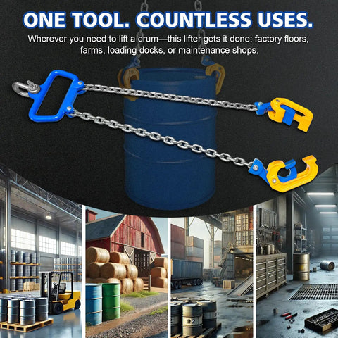 Heavy Duty One Ton Drum Lifter Clamp With G80 Chains for Steel And Plastic Barrels over a blue drum in a workshop setting.